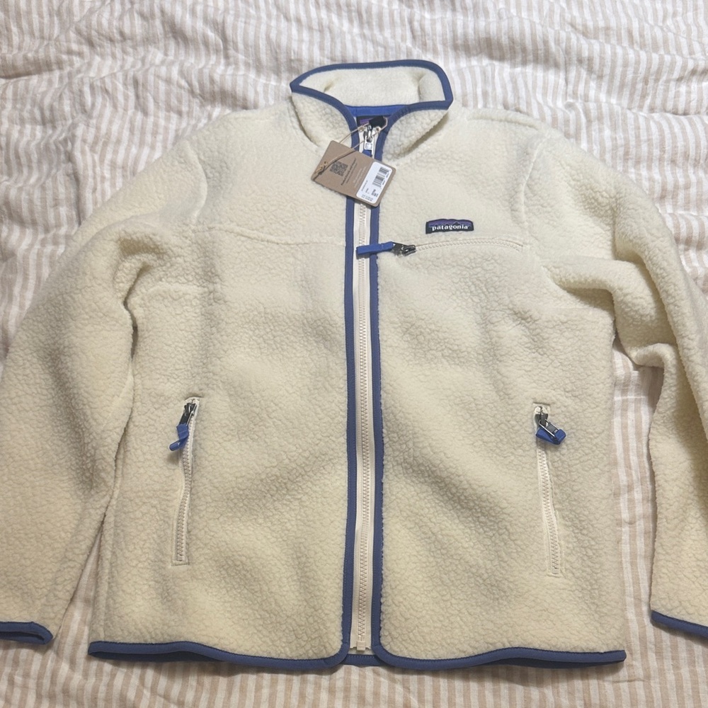 Patagonia Cream Fleece Jacket with Blue Trim